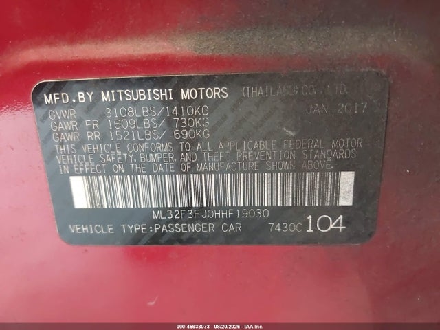 Aukcja sprzedaży 2017 Mitsubishi Mirage G4 Es, vin: ML32F3FJ0HHF19030, numer aukcji: 45933073