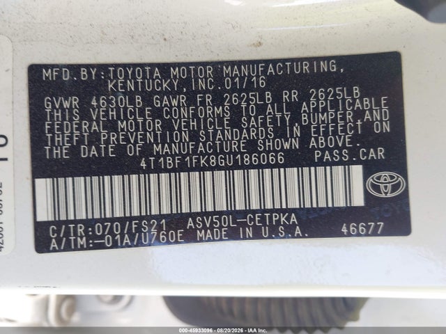 45933096 :رقم المزاد ، 4T1BF1FK8GU186066 vin ، 2016 Toyota Camry Le/xle/se/xse مزاد بيع