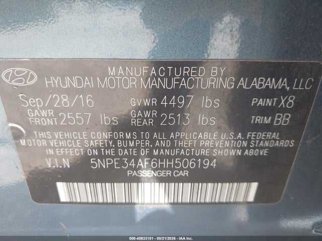 Auction sale of the 2017 Hyundai Sonata Sport, vin: 5NPE34AF6HH506194, lot number: 45933101