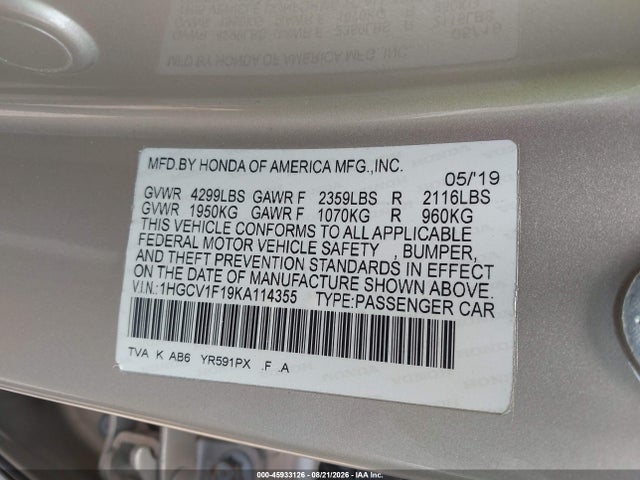 2019 Honda Accord Lx მანქანა იყიდება აუქციონზე, vin: 1HGCV1F19KA114355, აუქციონის ნომერი: 45933126