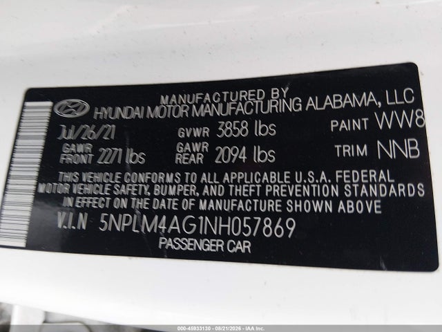 45933130 :رقم المزاد ، 5NPLM4AG1NH057869 vin ، 2022 Hyundai Elantra Sel مزاد بيع