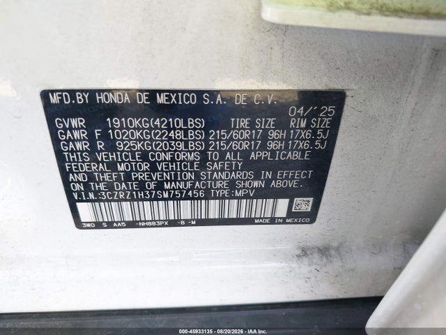 Aukcja sprzedaży 2025 Honda Hr-v 2wd Lx, vin: 3CZRZ1H37SM757456, numer aukcji: 45933135