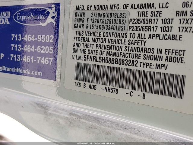 Aukcja sprzedaży 2011 Honda Odyssey Ex-l, vin: 5FNRL5H68BB083282, numer aukcji: 45933138