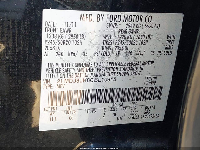 Aukcja sprzedaży 2012 Lincoln Mkx, vin: 2LMDJ8JK8CBL10915, numer aukcji: 45933139