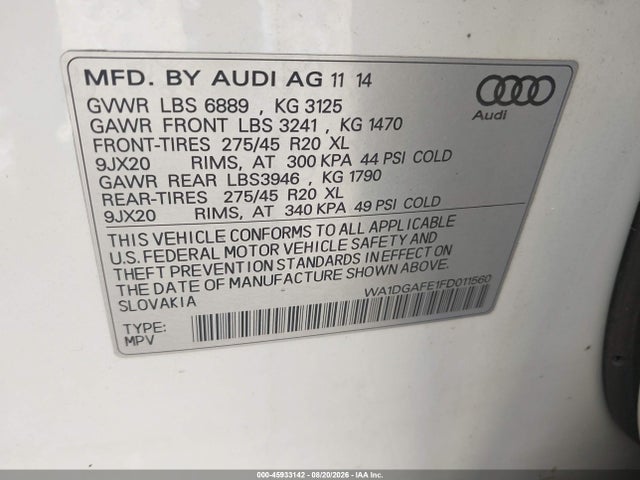 Aukcja sprzedaży 2015 Audi Q7 3.0t S Line Prestige, vin: WA1DGAFE1FD011560, numer aukcji: 45933142