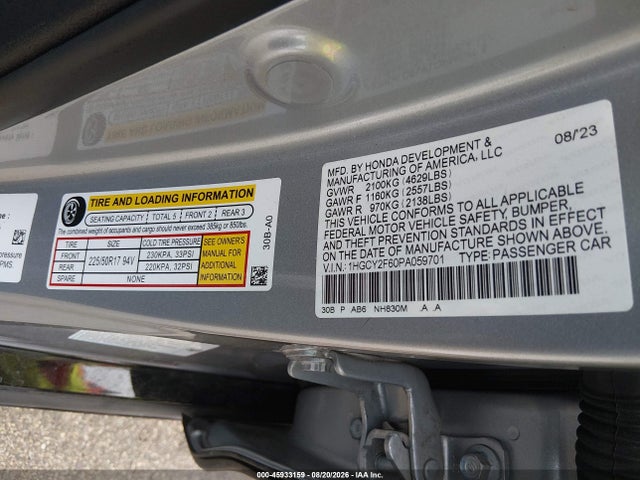 45933159 :رقم المزاد ، 1HGCY2F60PA059701 vin ، 2023 Honda Accord Hybrid Ex-l مزاد بيع