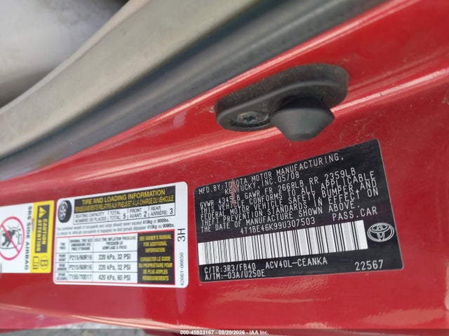 2009 Toyota Camry Le მანქანა იყიდება აუქციონზე, vin: 4T1BE46K99U307503, აუქციონის ნომერი: 45933167