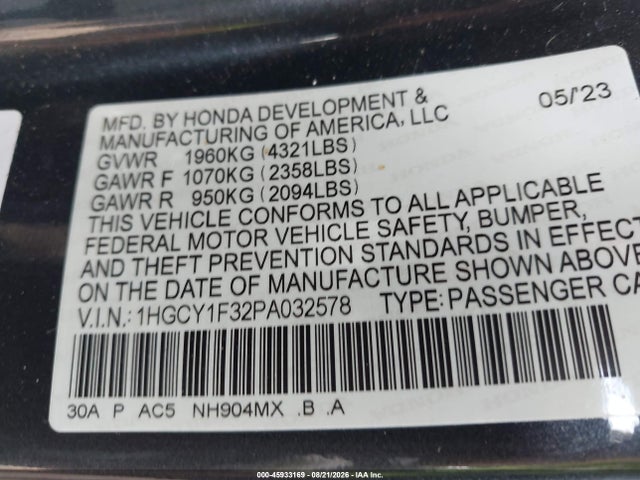 Aukcja sprzedaży 2023 Honda Accord Ex, vin: 1HGCY1F32PA032578, numer aukcji: 45933169
