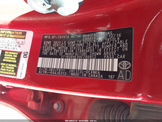 Продаж на аукціоні авто 2017 Toyota Corolla Le, vin: 2T1BURHEXHC780852, номер лоту: 45933179