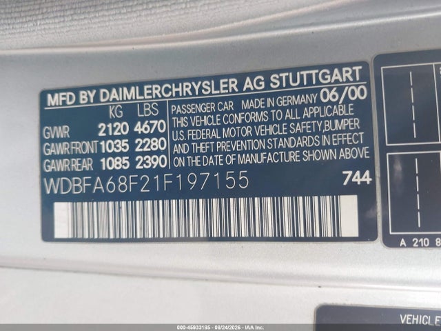 Продаж на аукціоні авто 2001 Mercedes-benz Sl 500, vin: WDBFA68F21F197155, номер лоту: 45933185