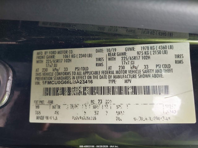 2020 Ford Escape Se მანქანა იყიდება აუქციონზე, vin: 1FMCU0G66LUA23416, აუქციონის ნომერი: 45933188
