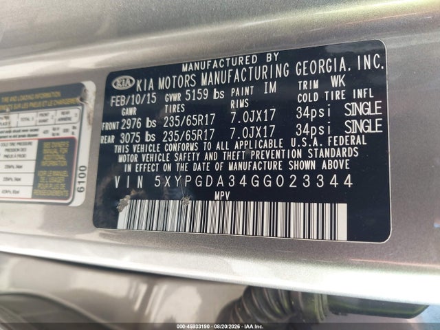 KIA Sorento 2.4l Lx 2016 5XYPGDA34GG023344 Image 9