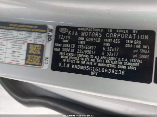 Продаж на аукціоні авто 2020 Kia Sedona Lx, vin: KNDMB5C16L6639238, номер лоту: 45933194