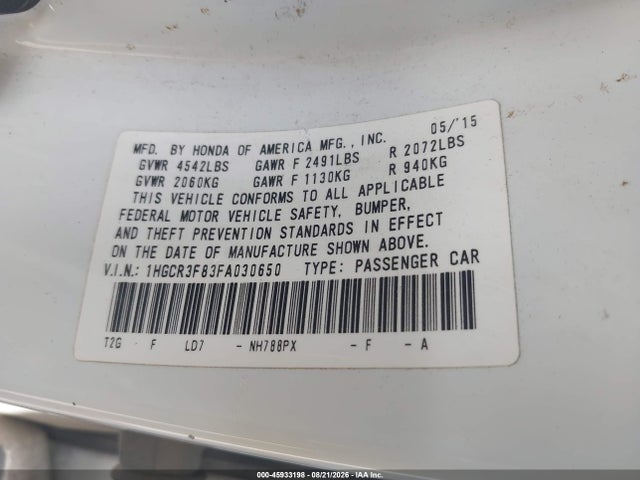 Продаж на аукціоні авто 2015 Honda Accord Ex-l V-6, vin: 1HGCR3F83FA030650, номер лоту: 45933198