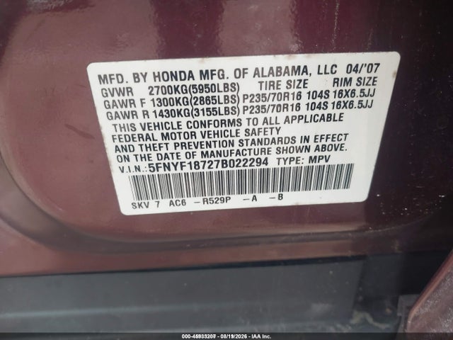 Продаж на аукціоні авто 2007 Honda Pilot Ex-l, vin: 5FNYF18727B022294, номер лоту: 45933207