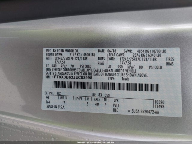 2018 Ford F-350 Xl მანქანა იყიდება აუქციონზე, vin: 1FT8X3B63JEC83998, აუქციონის ნომერი: 45933209
