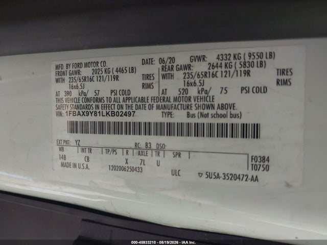 Ford Transit-350 Passenger Van Xl 2020 1FBAX9Y81LKB02497 Image 9