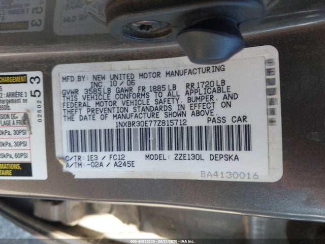 45933228 :رقم المزاد ، 1NXBR30E77Z815712 vin ، 2007 Toyota Corolla S مزاد بيع
