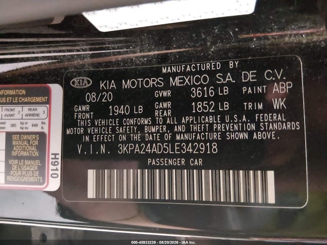 2020 Kia Rio Lx მანქანა იყიდება აუქციონზე, vin: 3KPA24AD5LE342918, აუქციონის ნომერი: 45933239