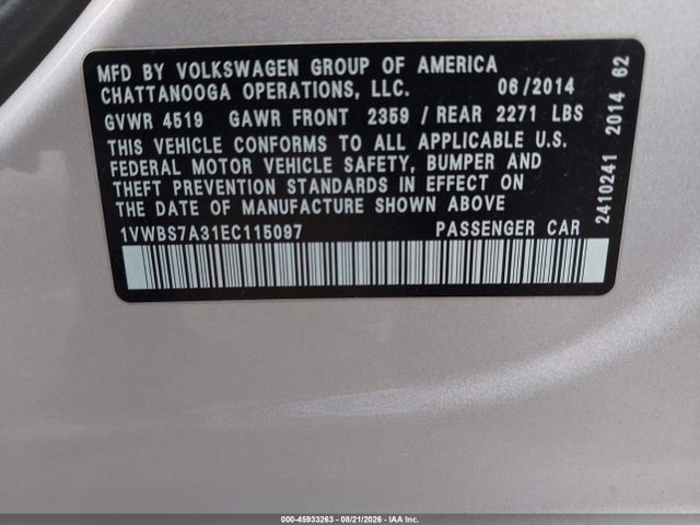 Продаж на аукціоні авто 2014 Volkswagen Passat 1.8t Se, vin: 1VWBS7A31EC115097, номер лоту: 45933263