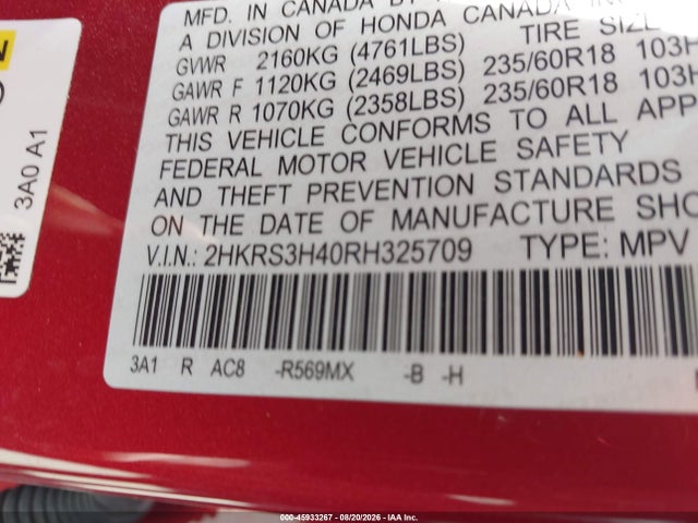 2HKRS3H40RH325709 Honda Cr-v Ex 2wd