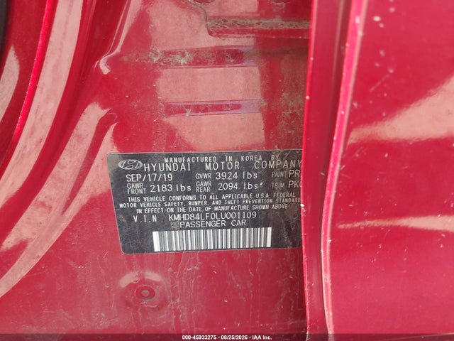 45933275 :رقم المزاد ، KMHD84LF0LU001109 vin ، 2020 Hyundai Elantra Value Edition مزاد بيع