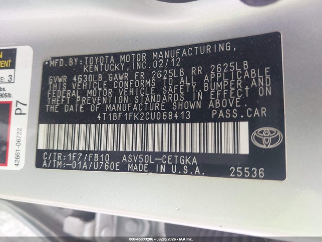 2012 Toyota Camry Xle მანქანა იყიდება აუქციონზე, vin: 4T1BF1FK2CU068413, აუქციონის ნომერი: 45933286