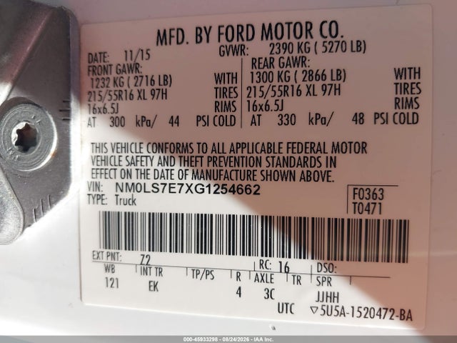45933298 :رقم المزاد ، NM0LS7E7XG1254662 vin ، 2016 Ford Transit Connect Xl مزاد بيع