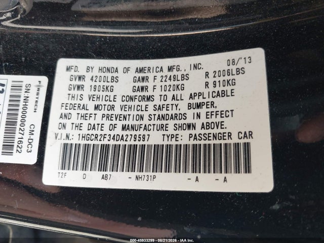 Aukcja sprzedaży 2013 Honda Accord Lx, vin: 1HGCR2F34DA279597, numer aukcji: 45933299