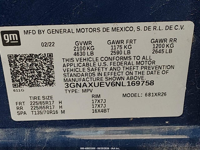 45933305 :رقم المزاد ، 3GNAXUEV6NL169758 vin ، 2022 Chevrolet Equinox Awd Lt مزاد بيع