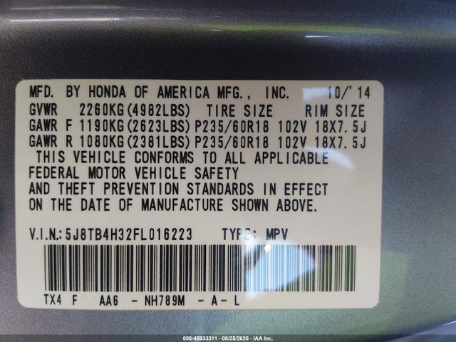 Продаж на аукціоні авто 2015 Acura Rdx, vin: 5J8TB4H32FL016223, номер лоту: 45933311
