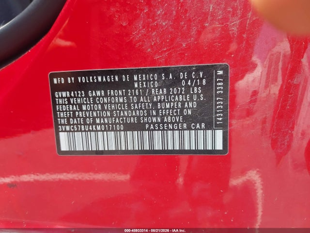 2019 Volkswagen Jetta 1.4t R-line/1.4t S/1.4t Se მანქანა იყიდება აუქციონზე, vin: 3VWC57BU4KM017100, აუქციონის ნომერი: 45933314