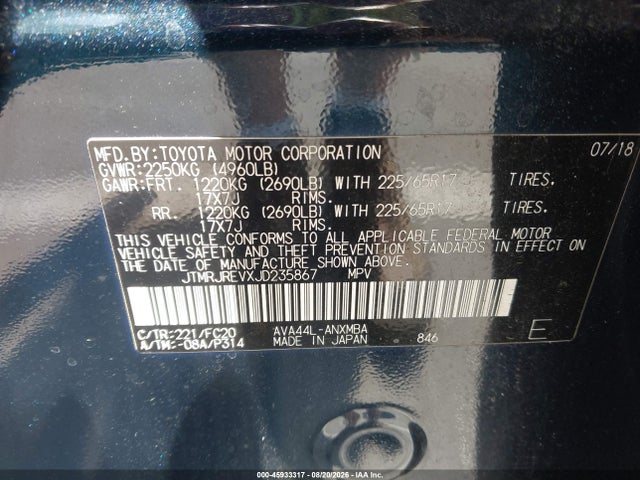 Продаж на аукціоні авто 2018 Toyota Rav4 Hybrid Le, vin: JTMRJREVXJD235867, номер лоту: 45933317