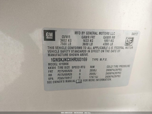 Продаж на аукціоні авто 2017 Chevrolet Suburban Premier, vin: 1GNSKJKCXHR303169, номер лоту: 45933320