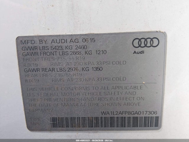 45933321 :رقم المزاد ، WA1L2AFP8GA017306 vin ، 2016 Audi Q5 2.0t Premium مزاد بيع