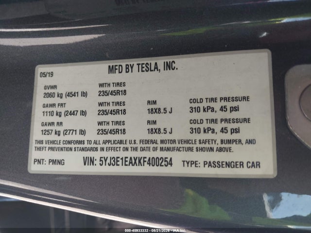 2019 Tesla Model 3 Long Range/mid Range/standard Range/standard Range Plus მანქანა იყიდება აუქციონზე, vin: 5YJ3E1EAXKF400254, აუქციონის ნომერი: 45933332