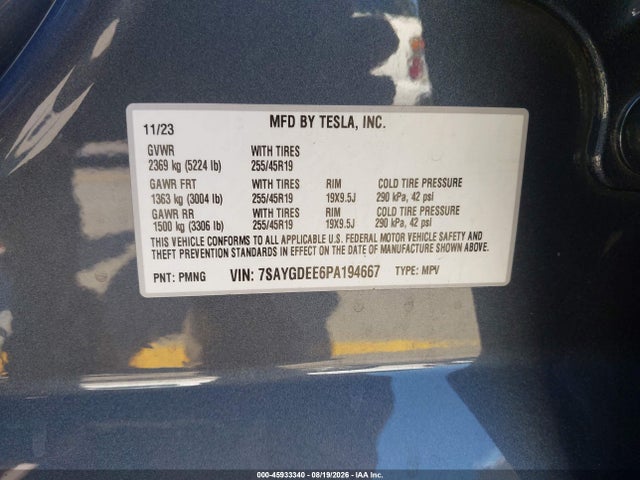 Auction sale of the 2023 Tesla Model Y Awd/long Range Dual Motor All-wheel Drive, vin: 7SAYGDEE6PA194667, lot number: 45933340