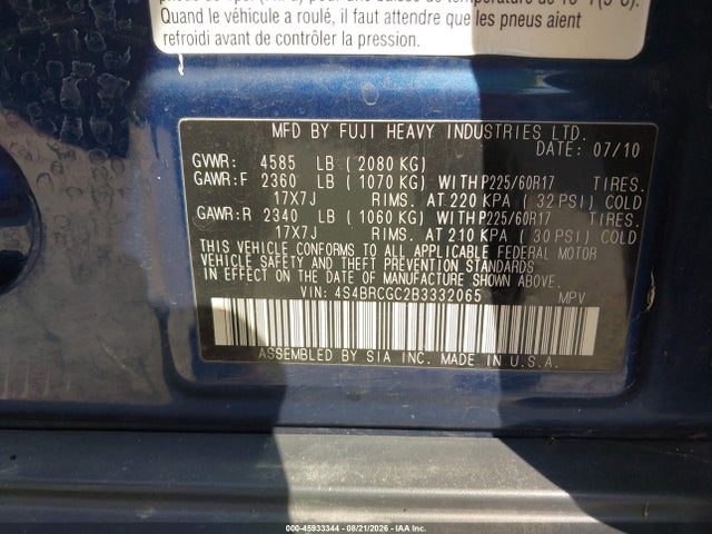 45933344 :رقم المزاد ، 4S4BRCGC2B3332065 vin ، 2011 Subaru Outback 2.5i Premium مزاد بيع