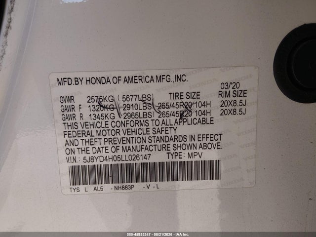 2020 Acura Mdx Technology   A-spec Packages მანქანა იყიდება აუქციონზე, vin: 5J8YD4H05LL026147, აუქციონის ნომერი: 45933347