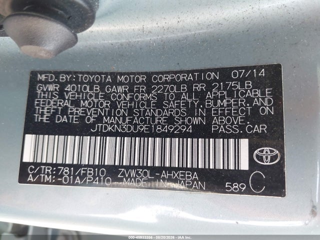 JTDKN3DU9E1849294 Toyota Prius Three