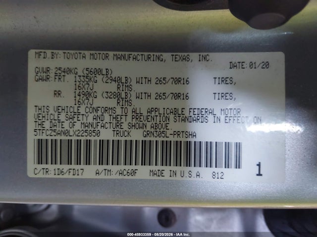 Продажа на аукционе авто 2020 Toyota Tacoma Trd Off-road, vin: 5TFCZ5AN0LX225850, номер лота: 45933359
