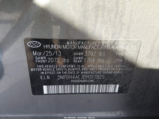 Aukcja sprzedaży 2013 Hyundai Elantra Gls, vin: 5NPDH4AE3DH317825, numer aukcji: 45933362