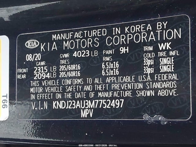 Aukcja sprzedaży 2021 Kia Soul S, vin: KNDJ23AU3M7752497, numer aukcji: 45933368