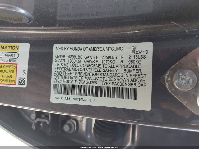 Aukcja sprzedaży 2019 Honda Accord Lx, vin: 1HGCV1F17KA068296, numer aukcji: 45933392