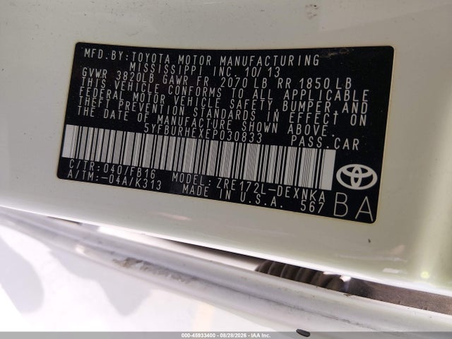 Aukcja sprzedaży 2014 Toyota Corolla Le, vin: 5YFBURHEXEP030833, numer aukcji: 45933400
