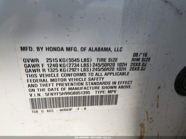 Продажа на аукционе авто 2016 Honda Pilot Touring, vin: 5FNYF5H99GB051395, номер лота: 45933405
