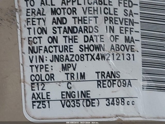 45933410 :رقم المزاد ، JN8AZ08TX4W212131 vin ، 2004 Nissan Murano Sl مزاد بيع