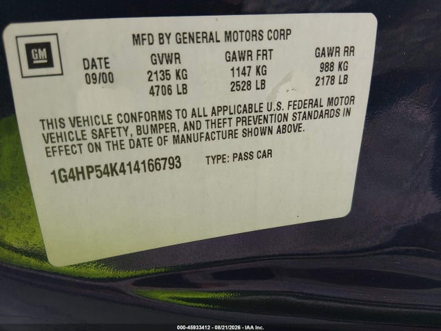 Продажа на аукционе авто 2001 Buick Lesabre Custom, vin: 1G4HP54K414166793, номер лота: 45933412