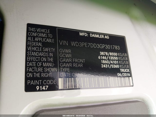 Продажа на аукционе авто 2016 Mercedes-benz Sprinter 2500 Normal Roof, vin: WD3PE7DD3GP301783, номер лота: 45933416