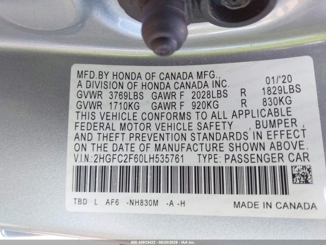 Продажа на аукционе авто 2020 Honda Civic Lx, vin: 2HGFC2F60LH535761, номер лота: 45933422
